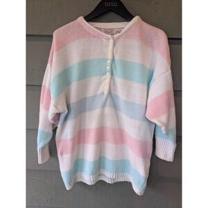 Vintage Country Craft Sweater Womens 42 Pastel Striped Henley Dolman Knit 80s